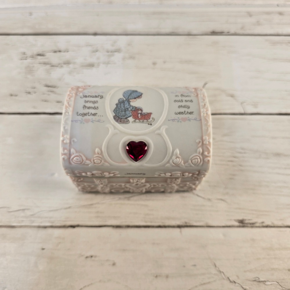 Vintage Precious Moments January Garnet Trinket Box 1995 Enesco Porcelain Chest